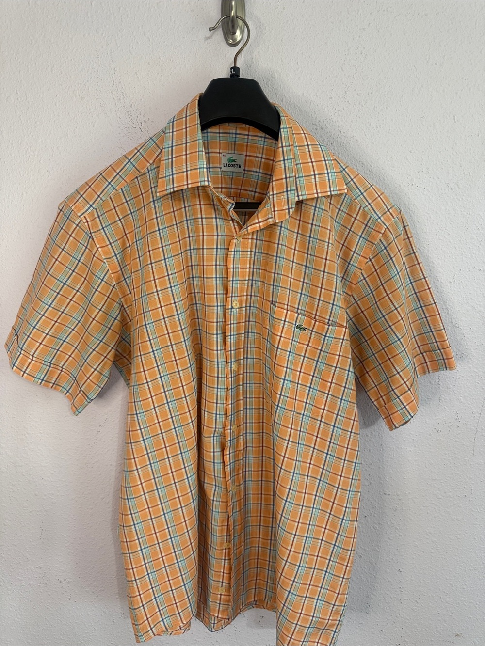 Lacoste Men Orange and Blue Plaid Short-Sleeve Button-Down Shirt Size L